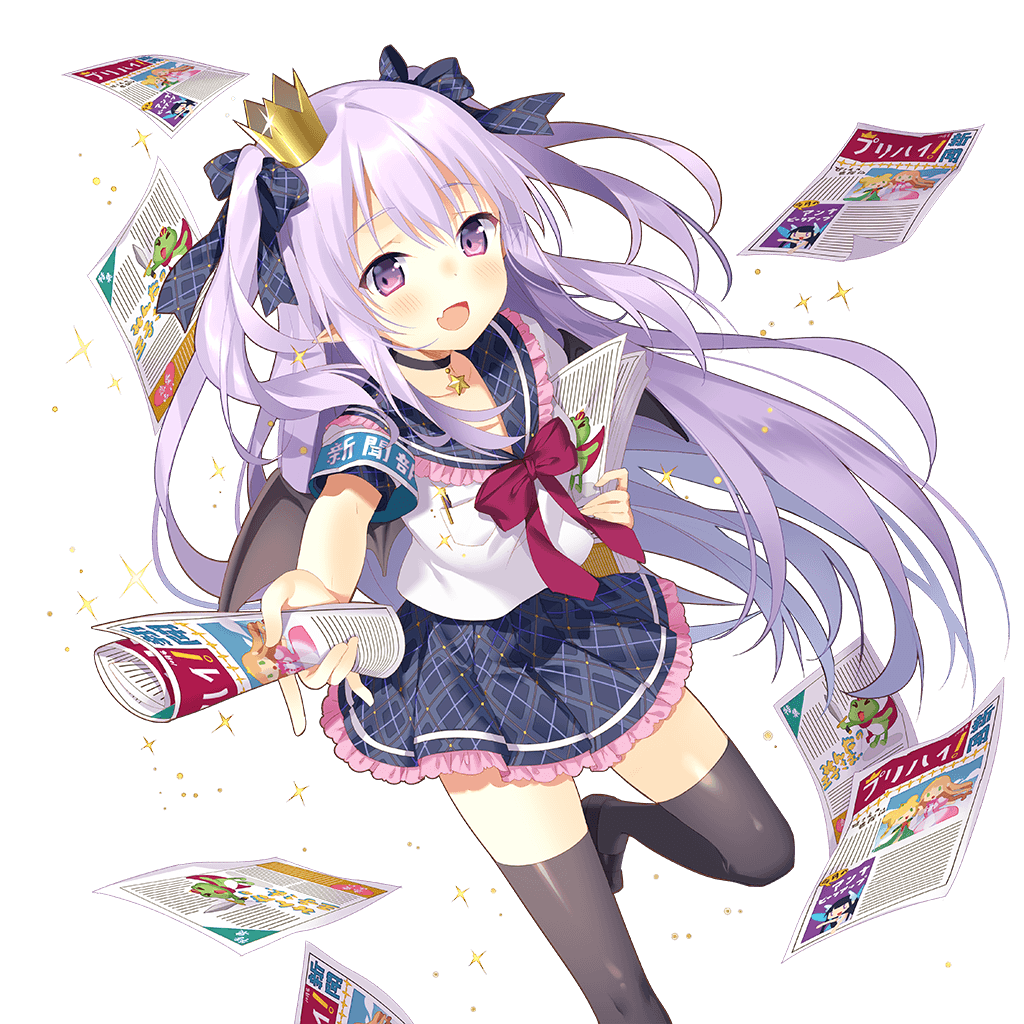 1girl, blush, choker, crown, fang, flyer, hair_ribbon, holding
