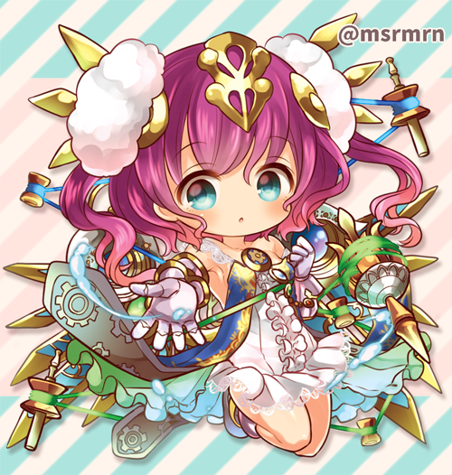 1girl, :o, bangs, bare_shoulders, blue_eyes, blue_footwear, blush, center_frills, collarbone, commentary_request, diagonal-striped_background, diagonal_stripes, dress, eyebrows_visible_through_hair, frills, full_body, fur_trim, gloves, grey_gloves, hair_between_eyes, hair_ornament, looking_at_viewer, marshmallow_mille, mechanical_wings, outstretched_arm, parted_lips, purple_hair, puzzle_&amp;_dragons, skuld_(p&amp;d), solo, twitter_username, white_dress, wings