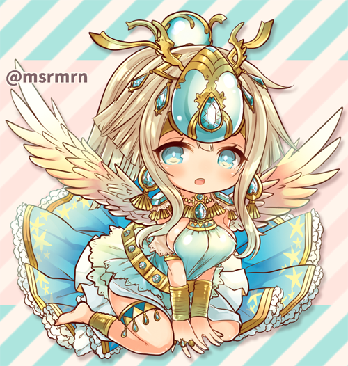 1girl, :o, bangs, beige_wings, between_legs, blue_dress, blue_eyes, blush, breasts, character_request, commentary_request, diagonal-striped_background, diagonal_stripes, dress, feathered_wings, full_body, hair_between_eyes, hair_ornament, hand_between_legs, jewelry, large_breasts, light_brown_hair, long_hair, looking_at_viewer, marshmallow_mille, parted_lips, puzzle_&amp;_dragons, sidelocks, sitting, sleeveless, sleeveless_dress, solo, twitter_username, upper_teeth, v_arms, very_long_hair, wariza, wings