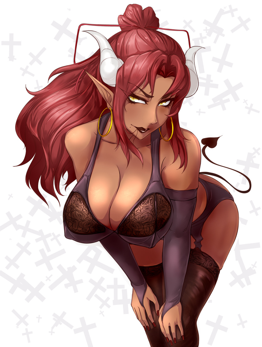 arm_warmers, breasts, brown_lipstick, cleavage, dark_skin, demon_girl, demon_tail, earrings