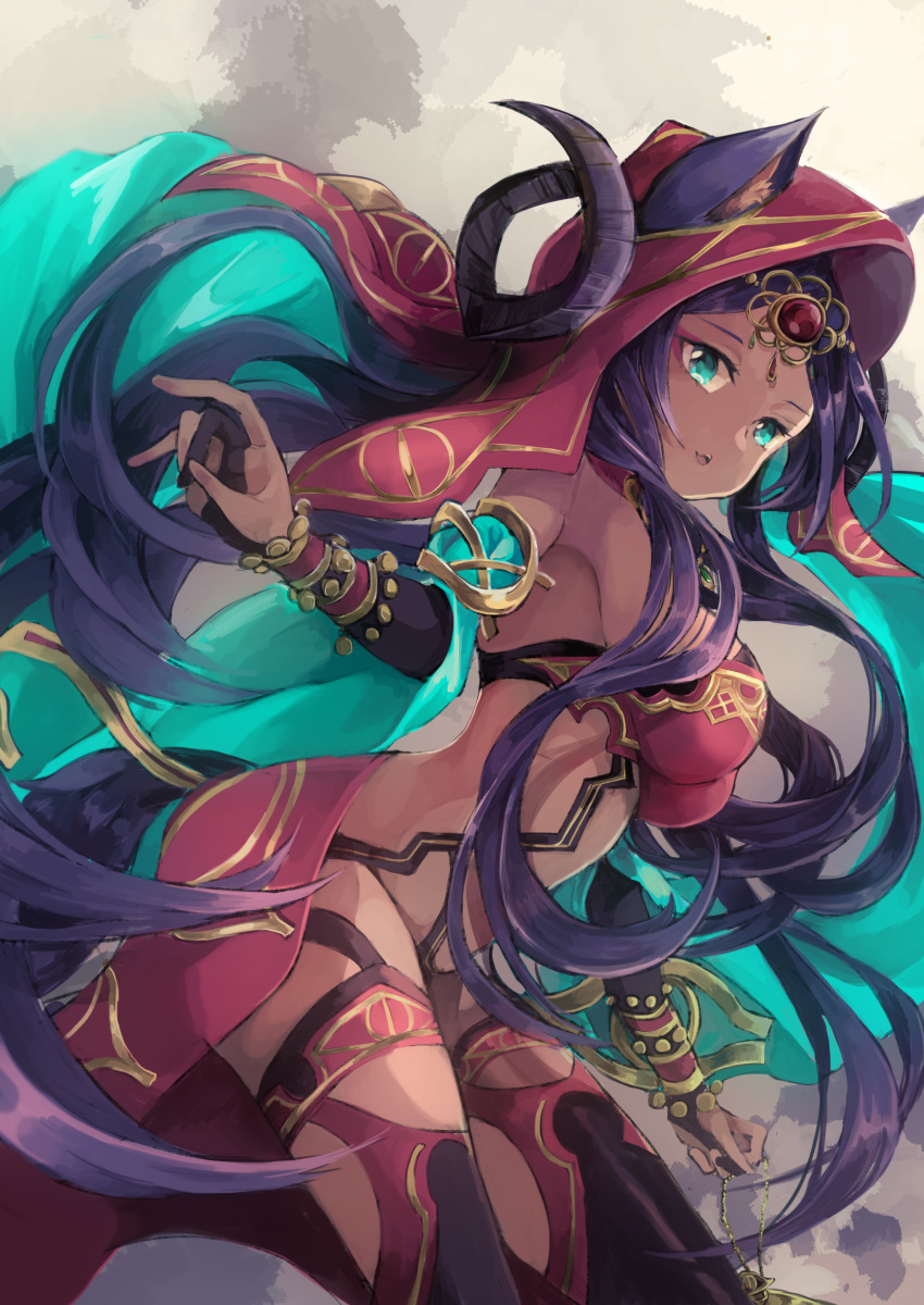 1girl, absurdres, animal_ears, aqua_eyes, breasts, bridal_gauntlets, chains, curled_horns