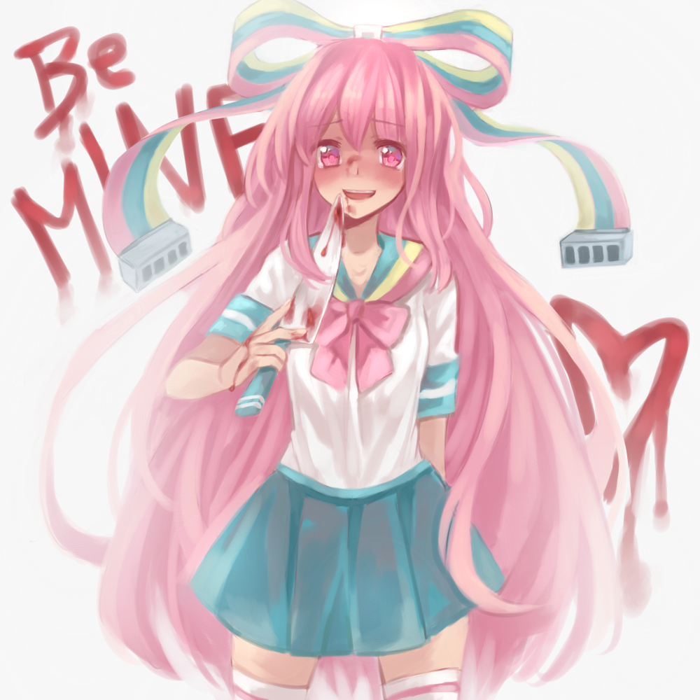 1girl, :d, blood, blood_writing, bloody_knife, blush, bow, commentary