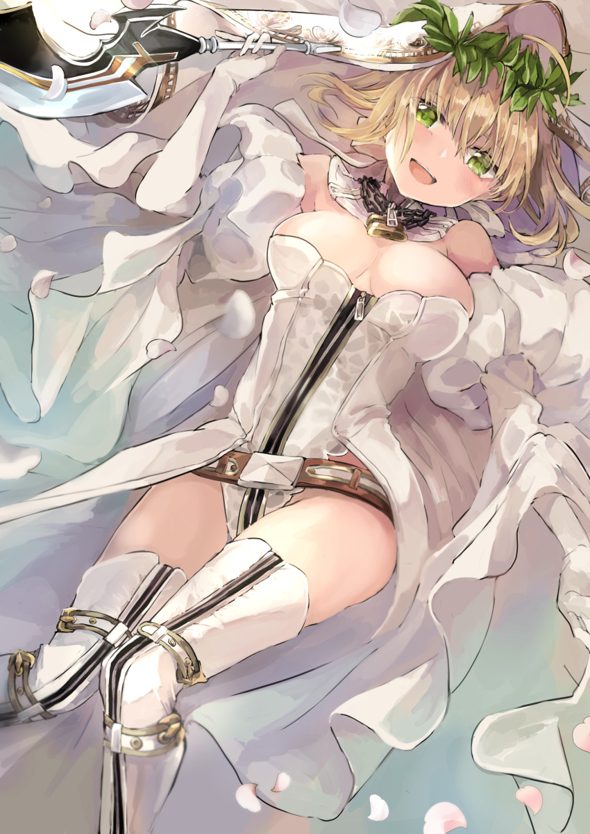 1girl, absurdres, aestus_estus, ahoge, bare_shoulders, belt, beltskirt, breasts