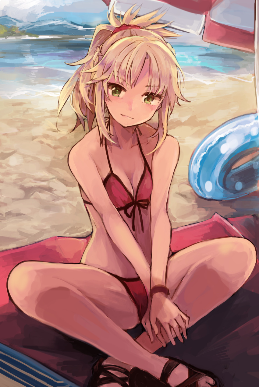 1girl, absurdres, beach, beach_towel, beach_umbrella, bikini, blonde_hair, bracelet