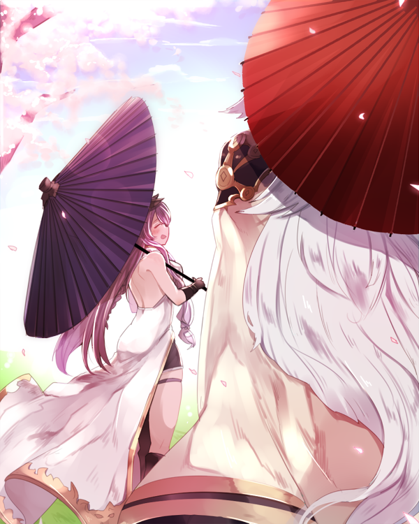 1boy, 1girl, backless_outfit, blush_stickers, cape, cherry_blossoms, closed_eyes, doraf