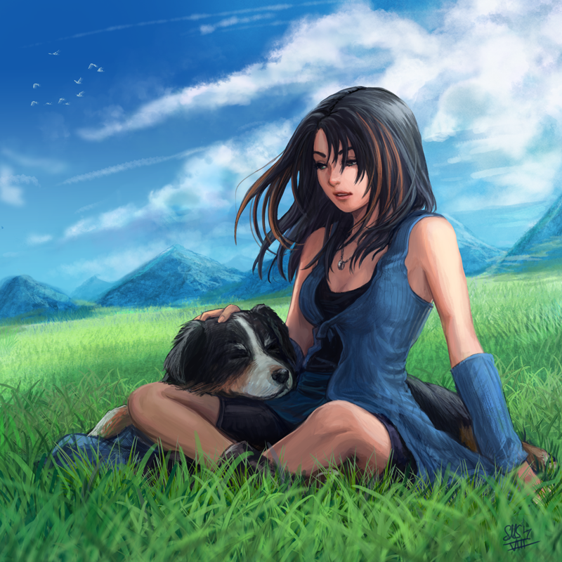1girl, arm_warmers, bird, black_hair, blue_sky, clouds, crossed_ankles, day