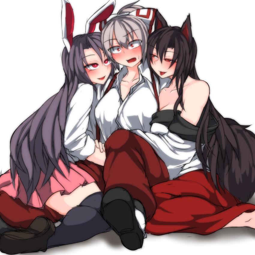3girls, :p, animal_ears, baggy_pants, black_legwear, blush, bow, breast_press
