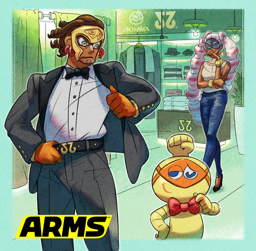 1boy, 1girl, al_bhed_eyes, alternate_costume, arms_(game), belt, brown_hair, cobushii_(arms)