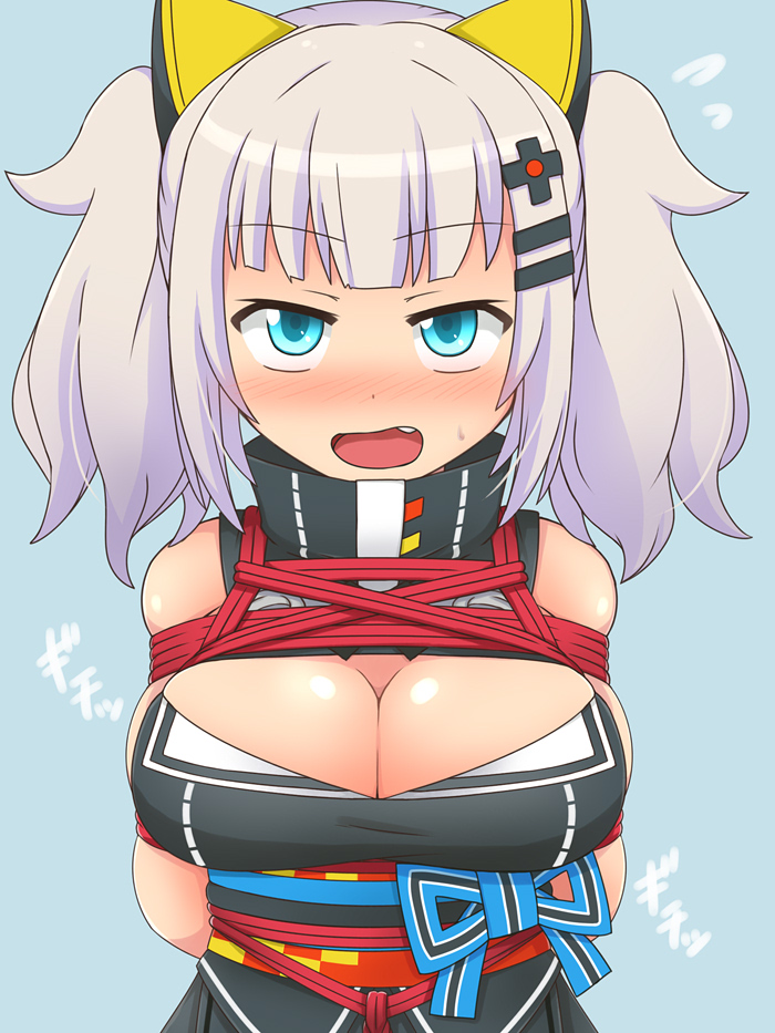1girl, arms_behind_back, bdsm, blue_eyes, blush, bondage, bound, breast_squeeze