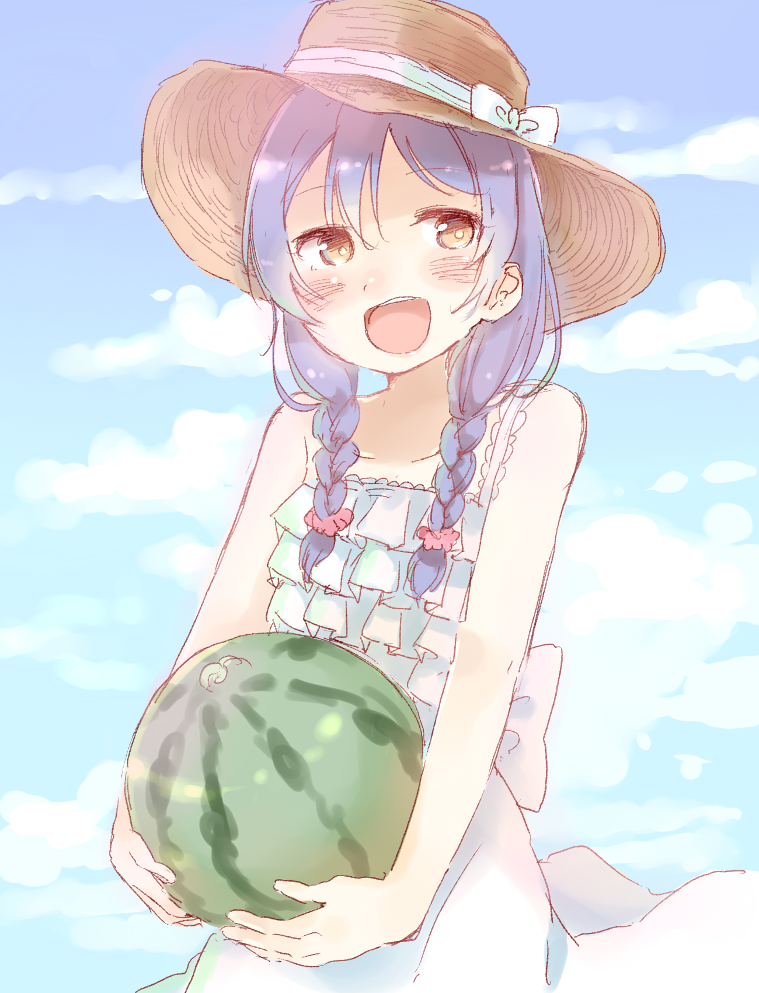 1girl, bangs, bare_shoulders, blue_hair, blush, braid, commentary_request, dress