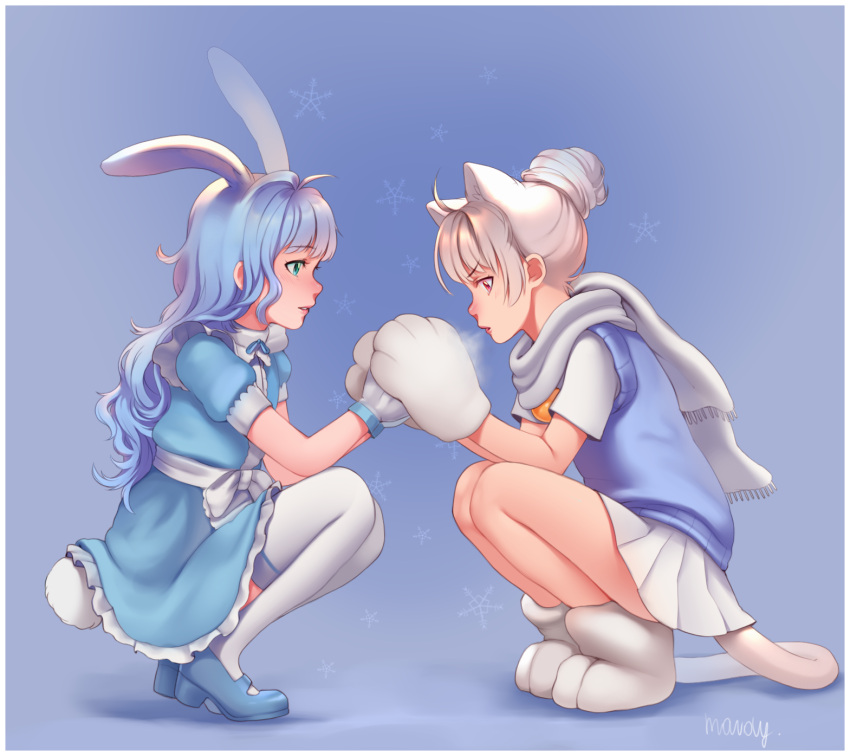 2girls, animal_ears, apron, blue_dress, blue_hair, blue_sweater, breath, bunny_tail