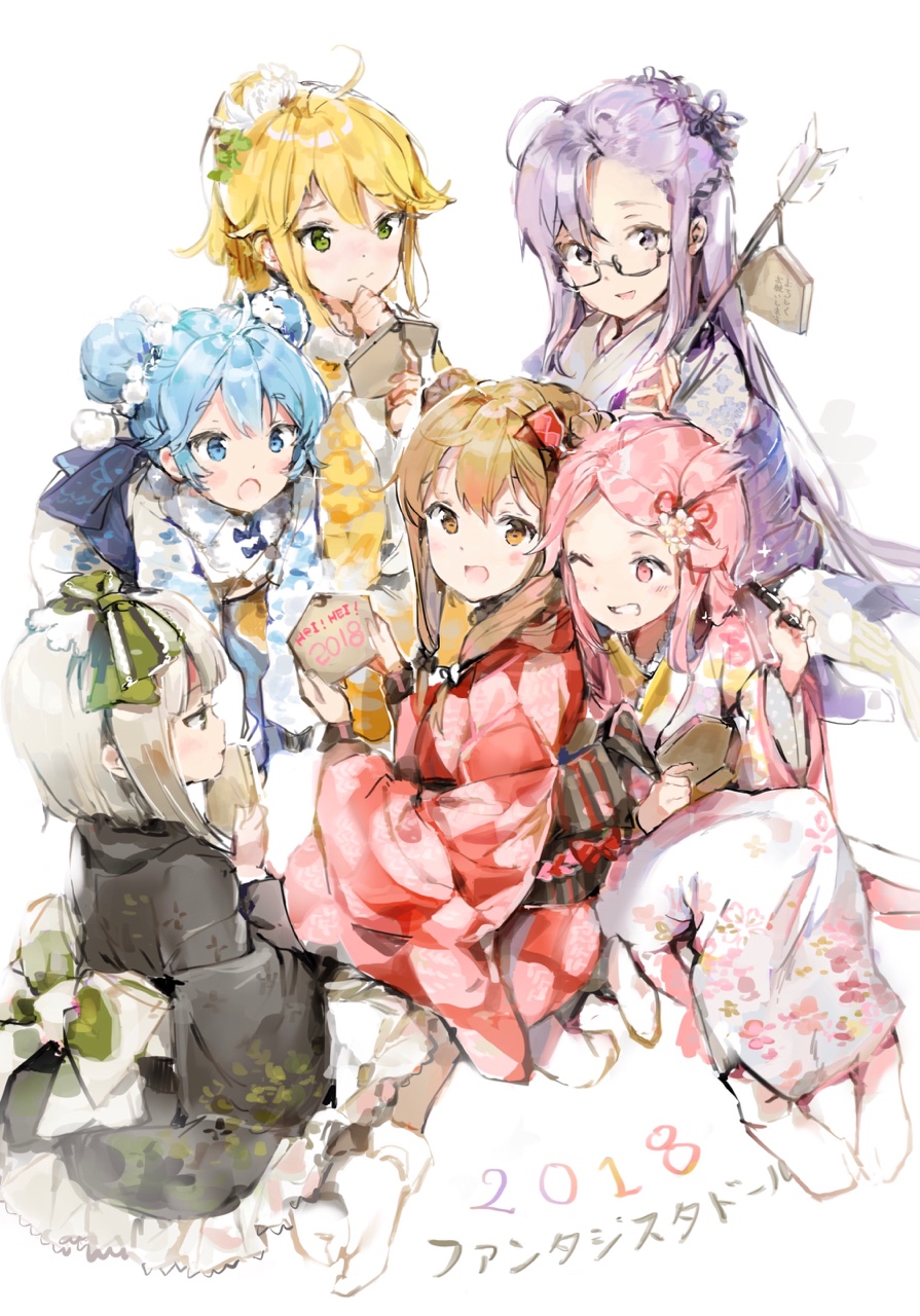 2018, 6+girls, :d, :o, akari_(fantasista_doll), anmi, arrow, bent_over