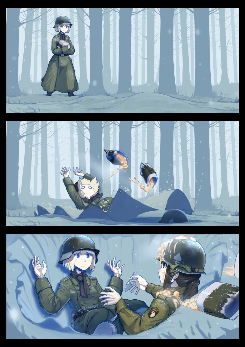 2girls, awkward, blonde_hair, blue_eyes, brown_eyes, brown_hair, comic, erica_(naze1940)