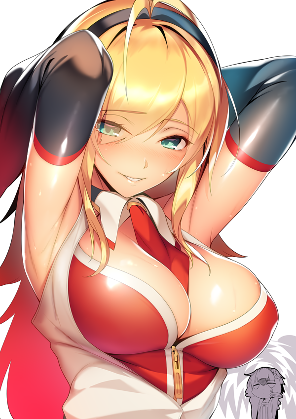 2girls, antenna_hair, armpits, arms_up, between_breasts, black_hairband, blonde_hair, blush