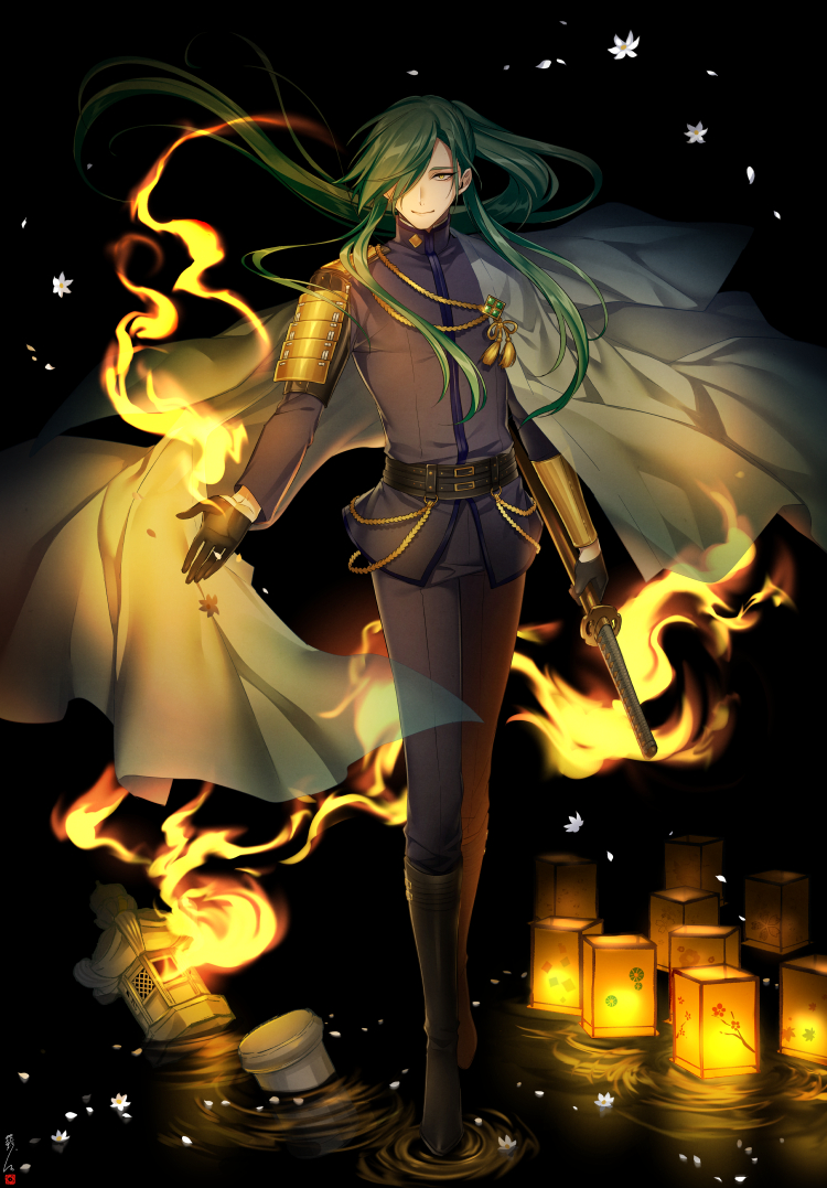 1boy, armor, belt, black_gloves, boots, cape, fire, flower