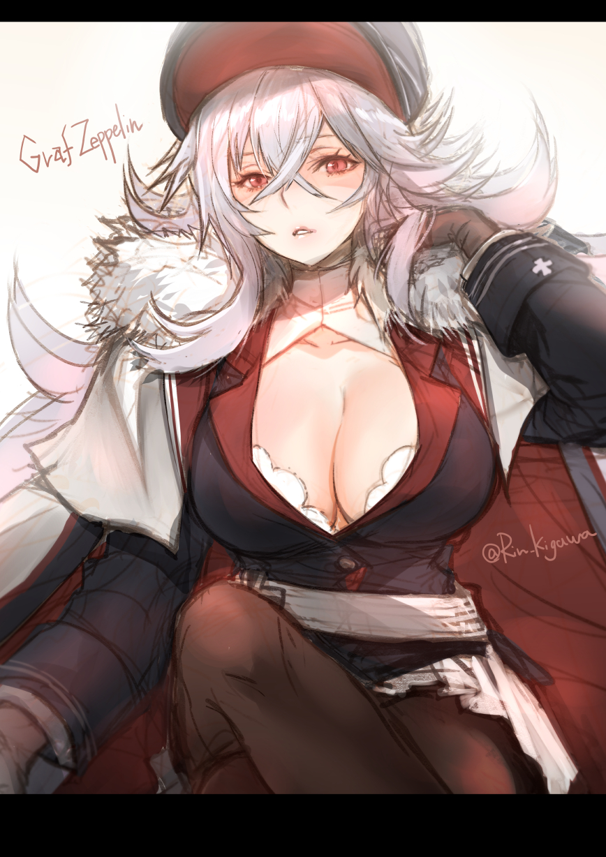 1girl, azur_lane, breasts, brown_legwear, character_name, cleavage, fur_trim, graf_zeppelin_(azur_lane), hat, highres, kigawa_rin, large_breasts, legs_crossed, long_hair, looking_at_viewer, pantyhose, parted_lips, red_eyes, solo, twitter_username, white_hair