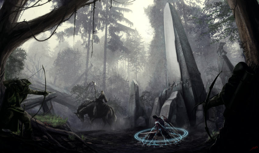 bow, bow_(weapon), forest, highres, horse, magic_circle, nature, obelisk