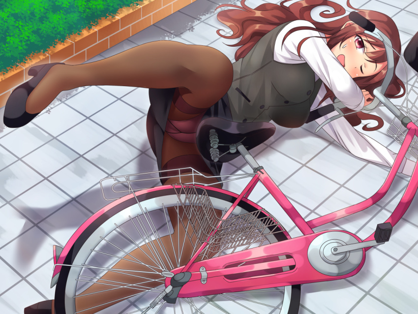 1girl, ;o, bicycle, brown_hair, ground_vehicle, long_hair, neri_kouji, office_lady