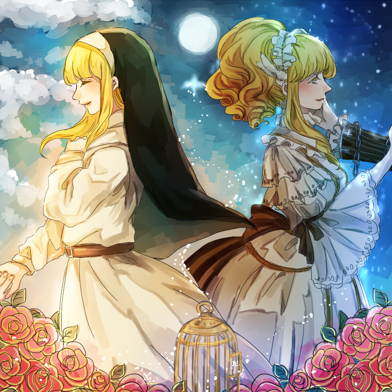1boy, 1girl, anemone_(anemoneko), birdcage, blonde_hair, blue_eyes, cage, commentary