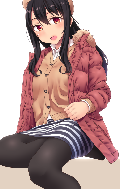 1girl, :d, bad_leg, black_hair, black_legwear, brown_eyes, brown_hat, brown_jacket, coat, fur_trim, hat, jacket, long_hair, looking_at_viewer, neri_kouji, open_mouth, original, pantyhose, sitting, skirt, smile, striped, striped_skirt