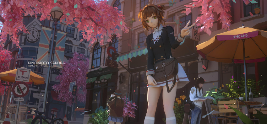 1girl, bag, bangs, bicycle, blush, brown_hair, building, buttons
