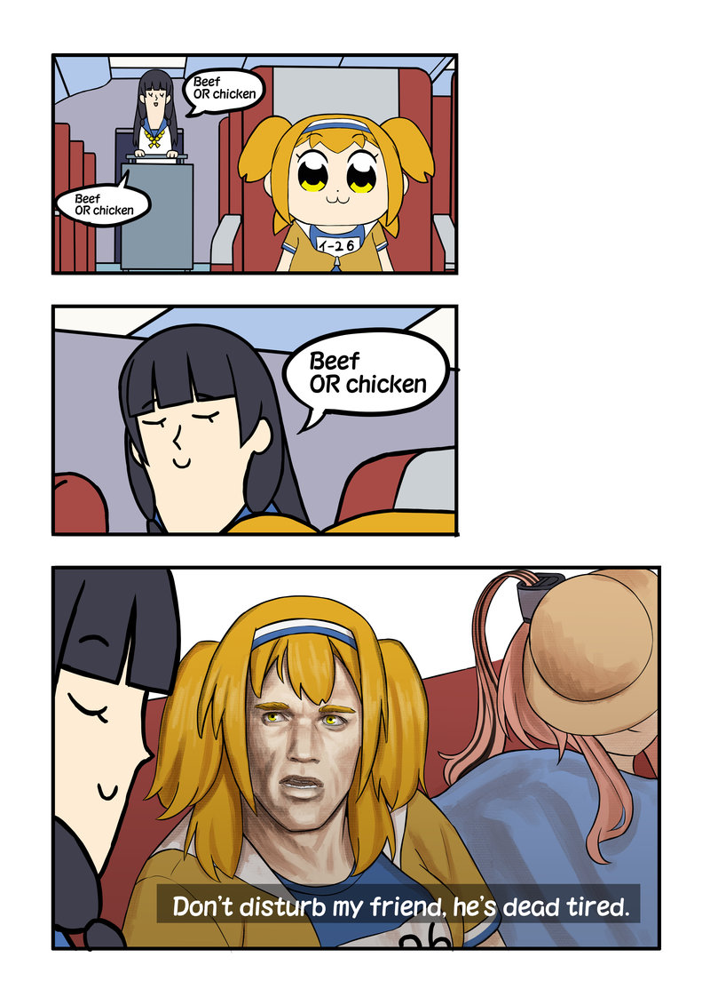 3girls, airplane_interior, bkub_(style), commando_(movie), commentary, english_text, hat_over_eyes, i-26_(kantai_collection)