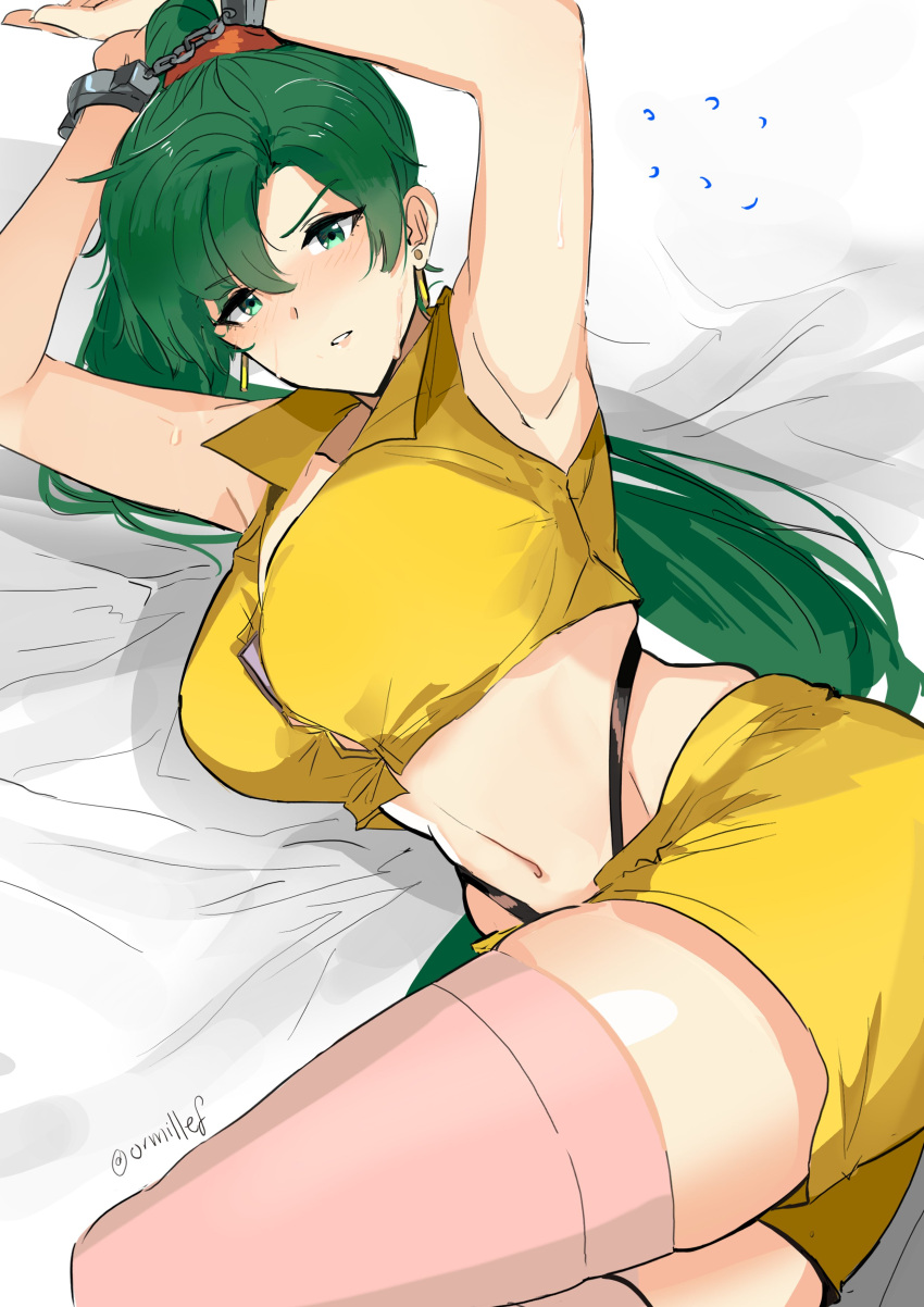 1girl, absurdres, armpits, arms_up, blush, breasts, cleavage, cosplay, cowboy_bebop, dotentity, faye_valentine, faye_valentine_(cosplay), fire_emblem, fire_emblem:_rekka_no_ken, green_eyes, green_hair, high_ponytail, highres, large_breasts, long_hair, looking_at_viewer, lying, lyndis_(fire_emblem), navel, on_side, parted_lips, ponytail, solo, sweat, thigh-highs, white_background, yellow_hairband