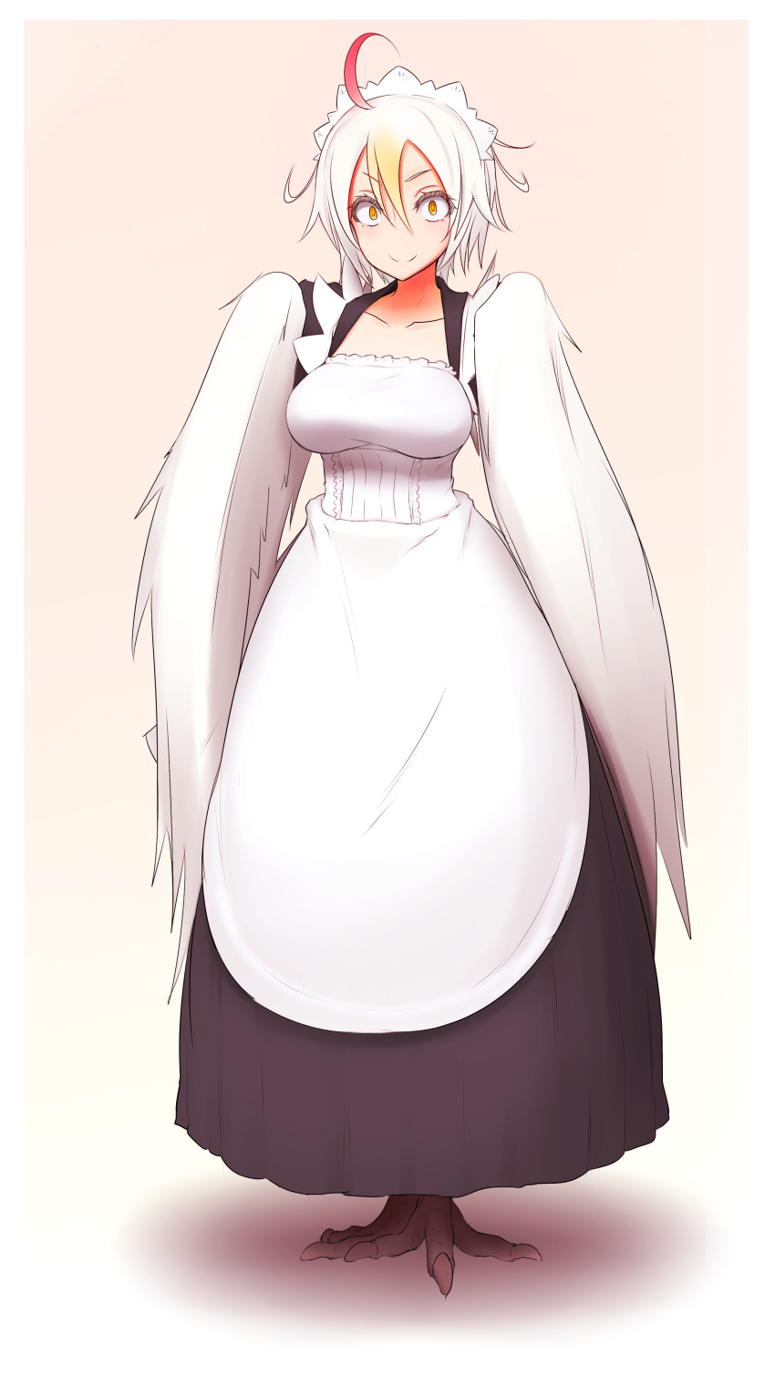 1girl, 89_(hakkyuu), absurdres, ahoge, apron, blonde_hair, breasts, feathered_wings, feathers, feet_together, full_body, harpy, highres, maid, maid_apron, maid_dress, maid_headdress, medium_breasts, monster_girl, multicolored_hair, original, redhead, simple_background, smile, solo, standing, white_hair, winged_arms, wings, yellow_eyes
