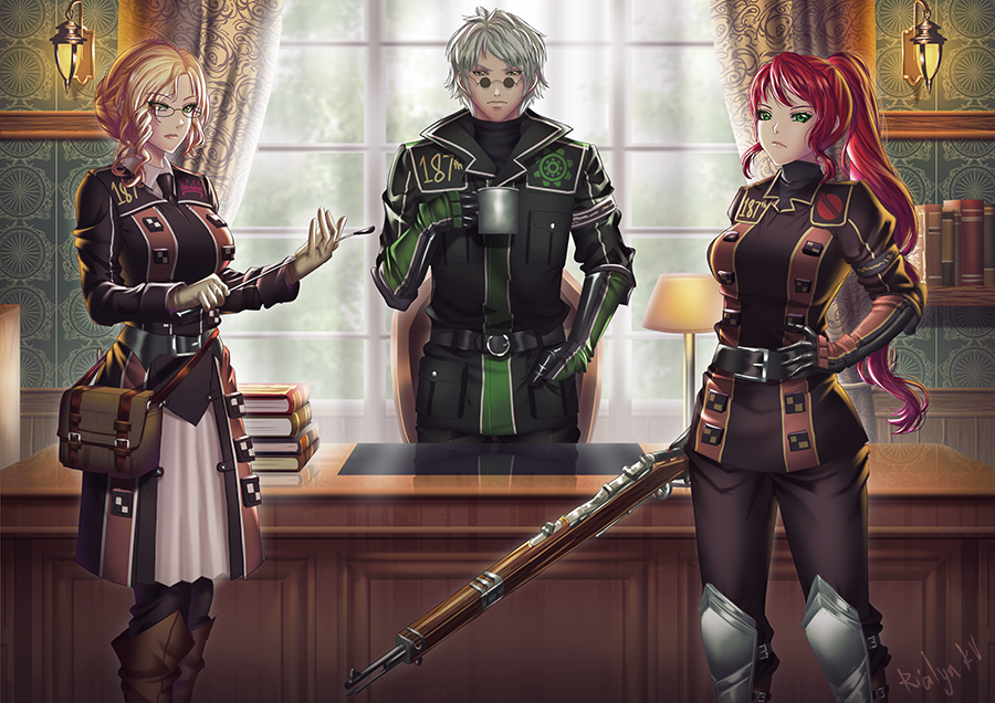 artist_name, blonde_hair, coffee_mug, glasses, glynda_goodwitch, grey_hair, gun, office