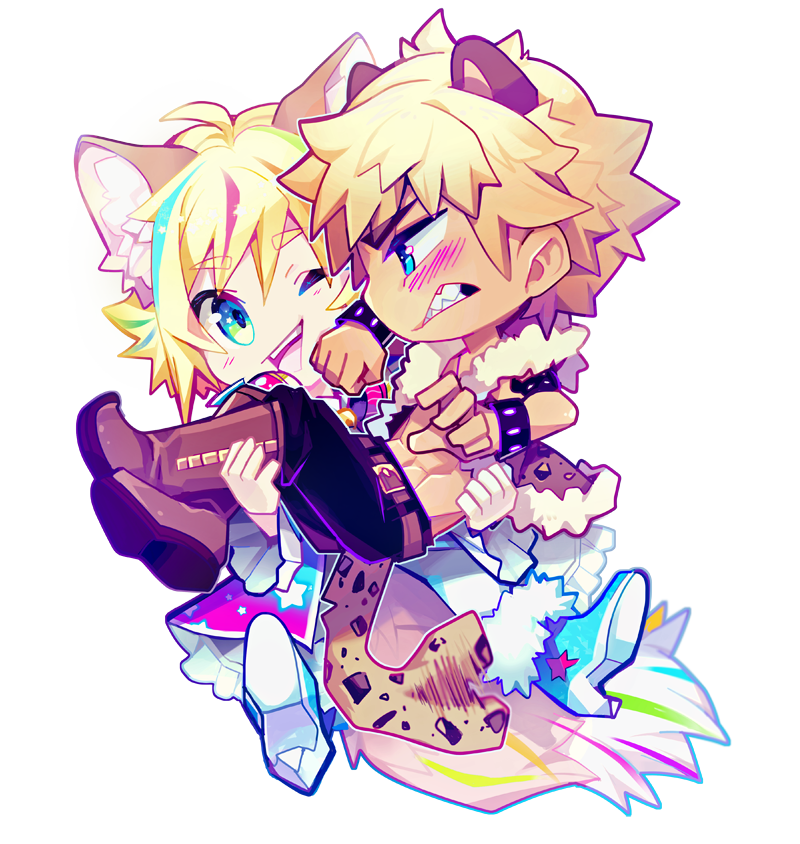 animal_ears, blonde_hair, blue_eyes, denim, jeans, leopard, male_focus, multicolored_hair