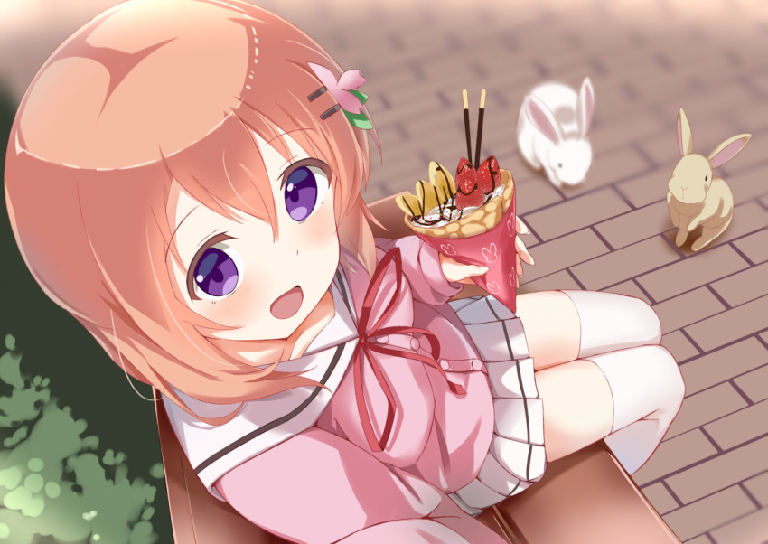 1girl, :d, animal, bangs, bench, blouse, blush, breasts