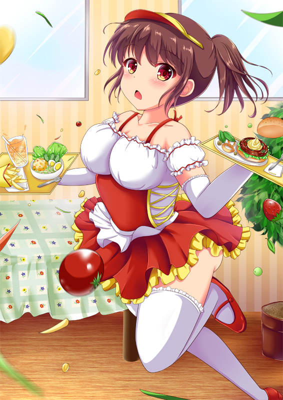 1girl, blush, brown_eyes, brown_hair, cheese_salami, elbow_gloves, food, fork, gloves, hamburger, indoors, moe2016, original, plant, potted_plant, red_footwear, red_skirt, short_hair, short_ponytail, skirt, solo, standing, standing_on_one_leg, table, thigh-highs, tomato, tray, visor, waitress, white_legwear