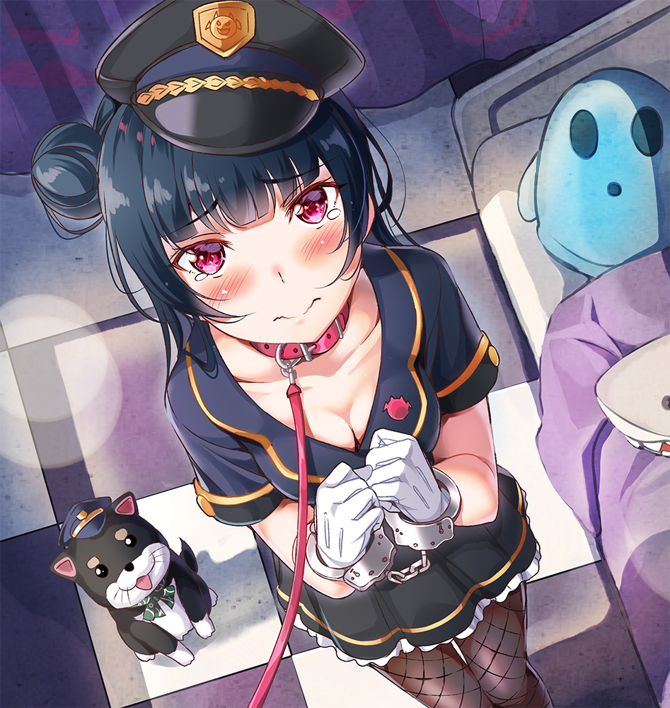 1girl, bangs, bdsm, black_legwear, blue_hair, blush, bondage, breasts