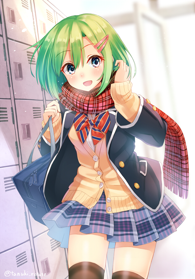 1girl, :d, bag, bangs, black_legwear, blue_eyes, blurry, blush, bow, bowtie, buttons, cardigan, contrapposto, cowboy_shot, depth_of_field, eyebrows_visible_through_hair, green_hair, hair_ornament, hairclip, holding_bag, jacket, locker, locker_room, long_hair, long_sleeves, looking_at_viewer, open_mouth, original, plaid, plaid_scarf, plaid_skirt, pleated_skirt, scarf, school_bag, school_uniform, shiroi_tanuki, skirt, smile, solo, standing, thigh-highs, twitter_username, zettai_ryouiki