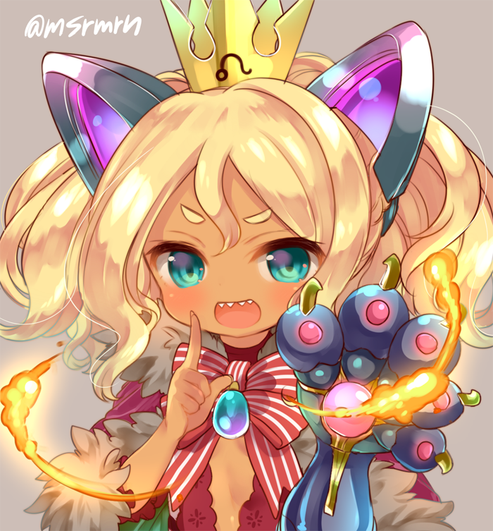:d, animal_ears, bangs, blonde_hair, blue_eyes, bow, brown_background, capelet, crown, dark_skin, denebola_(p&amp;d), fake_animal_ears, fingernails, fire, fur-trimmed_capelet, fur_trim, hair_between_eyes, index_finger_raised, long_hair, looking_at_viewer, marshmallow_mille, mini_crown, open_mouth, purple_capelet, puzzle_&amp;_dragons, red_bow, sharp_teeth, simple_background, smile, striped, striped_bow, teeth, thick_eyebrows, twitter_username