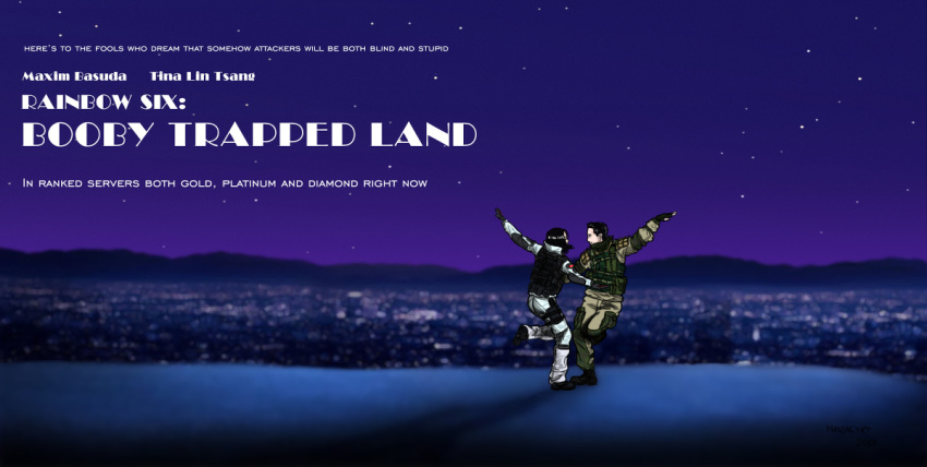 1boy, 1girl, city_lights, cityscape, dancing, english, frost, kapkan