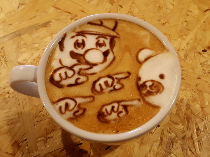 1boy, bkub_(style), coffee, colopl, commentary, cup, drink, facial_hair