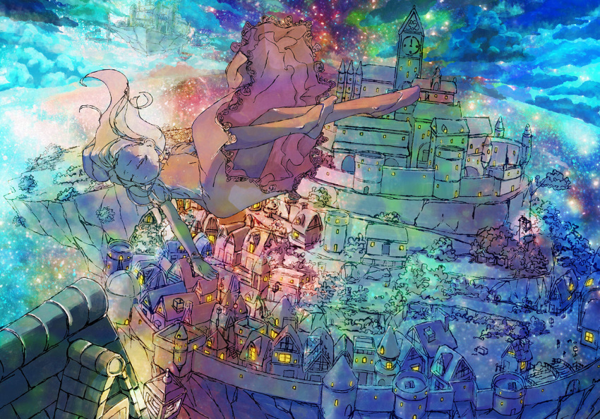 1girl, bracelet, castle, city, city_lights, clock, clock_tower, closed_eyes