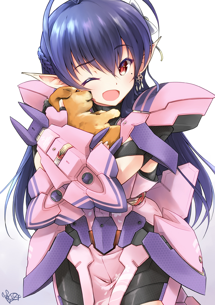 1girl, ;d, antenna_hair, armor, blue_hair, braid, dog, earrings
