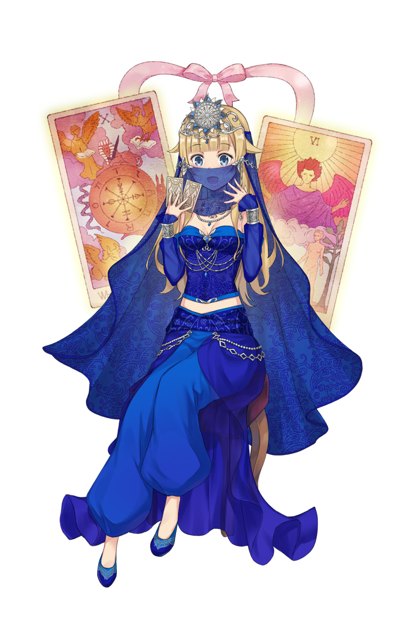 1girl, :d, arabian_clothes, arm_warmers, bare_shoulders, blonde_hair, blue_eyes, blue_footwear, breasts, card, chair, full_body, hair_ornament, highres, jewelry, long_hair, looking_at_viewer, necklace, official_art, open_mouth, pink_ribbon, princess_(princess_principal), princess_principal, princess_principal_game_of_mission, ribbon, sitting, small_breasts, smile, solo, standing, standing_on_one_leg, sun_hair_ornament, tarot