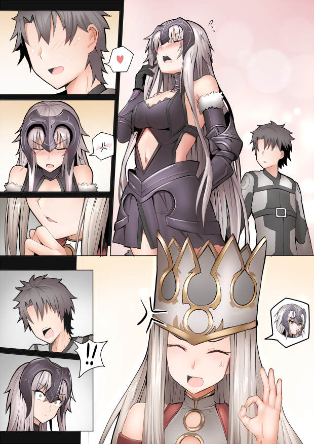 1boy, 2girls, anger_vein, armor, black_dress, black_hair, blonde_hair, blush