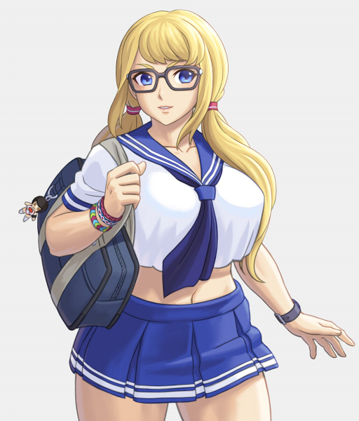 1girl, alternate_costume, alternate_hairstyle, bag, bespectacled, black-framed_eyewear, blonde_hair, blue_eyes, blue_skirt, bracelet, breasts, charm_(object), crop_top, glasses, grey_background, jewelry, large_breasts, lips, long_hair, low_twintails, midriff, navel, noppo_(tarstation), pleated_skirt, rainbow_mika, school_bag, school_uniform, serafuku, skirt, solo, street_fighter, street_fighter_v, twintails, watch, watch, yamato_nadeshiko_(street_fighter)