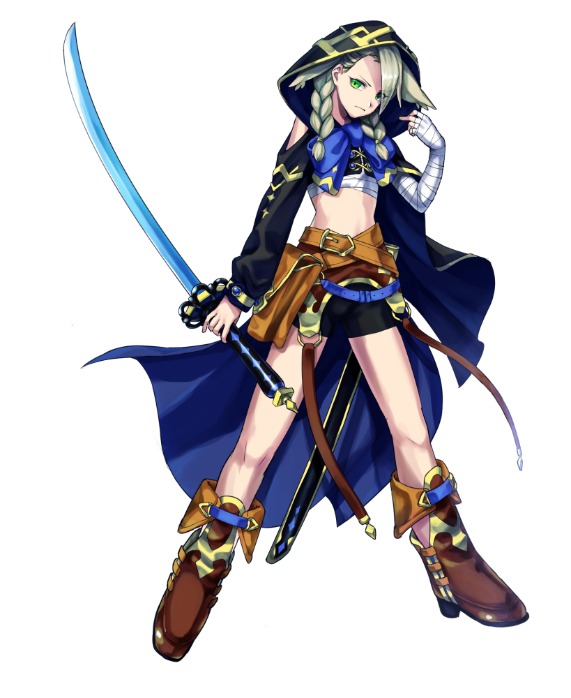 1girl, bandage, bandaged_arm, belt, black_shorts, blue_bow, blue_cape, bow
