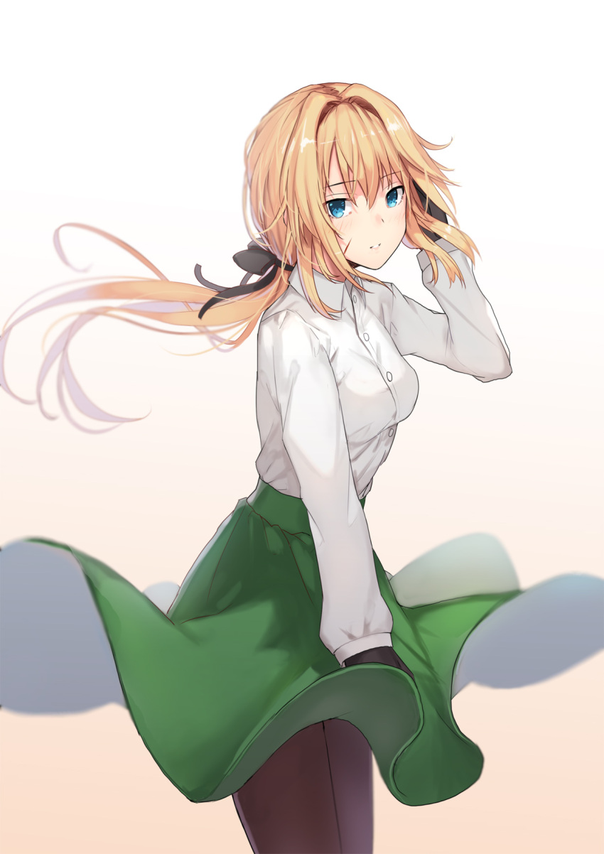 1girl, black_gloves, black_hair, black_legwear, black_ribbon, blonde_hair, blue_eyes, do2mi_doreimi