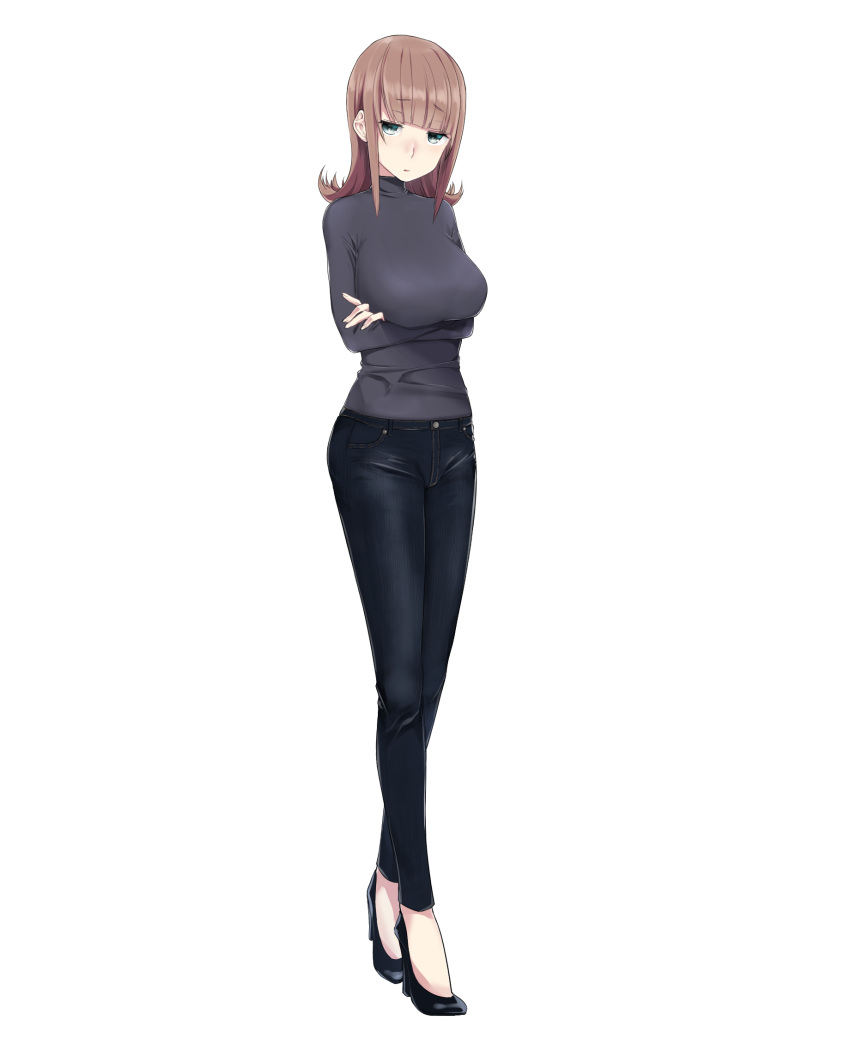 1girl, bad_proportions, black_footwear, black_jeans, black_pants, black_shirt, blue_eyes, breast_lift