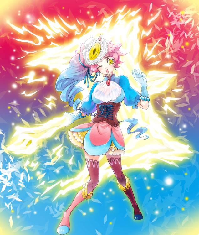 ;o, asymmetrical_hair, blue_gloves, blue_hair, corset, drill_hair, earrings, electricity, gloves, gradient_hair, hair_ornament, jewelry, maroon_legwear, multicolored_hair, nihakusanren, one_eye_closed, personification, pink_footwear, pink_hair, pink_skirt, pokemon, porygon-z, skirt, standing, thigh-highs, yellow_eyes
