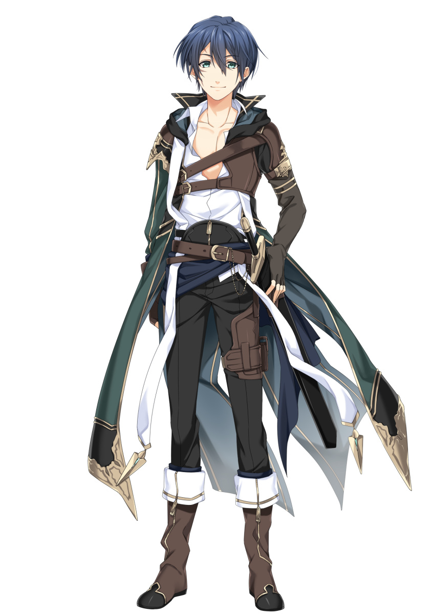1boy, absurdres, arm_at_side, belt, black_hair, black_pants, blue_eyes, brown_footwear