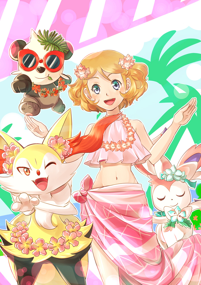 1girl, :d, ;d, blue_eyes, braixen, closed_eyes, flower, hair_flower