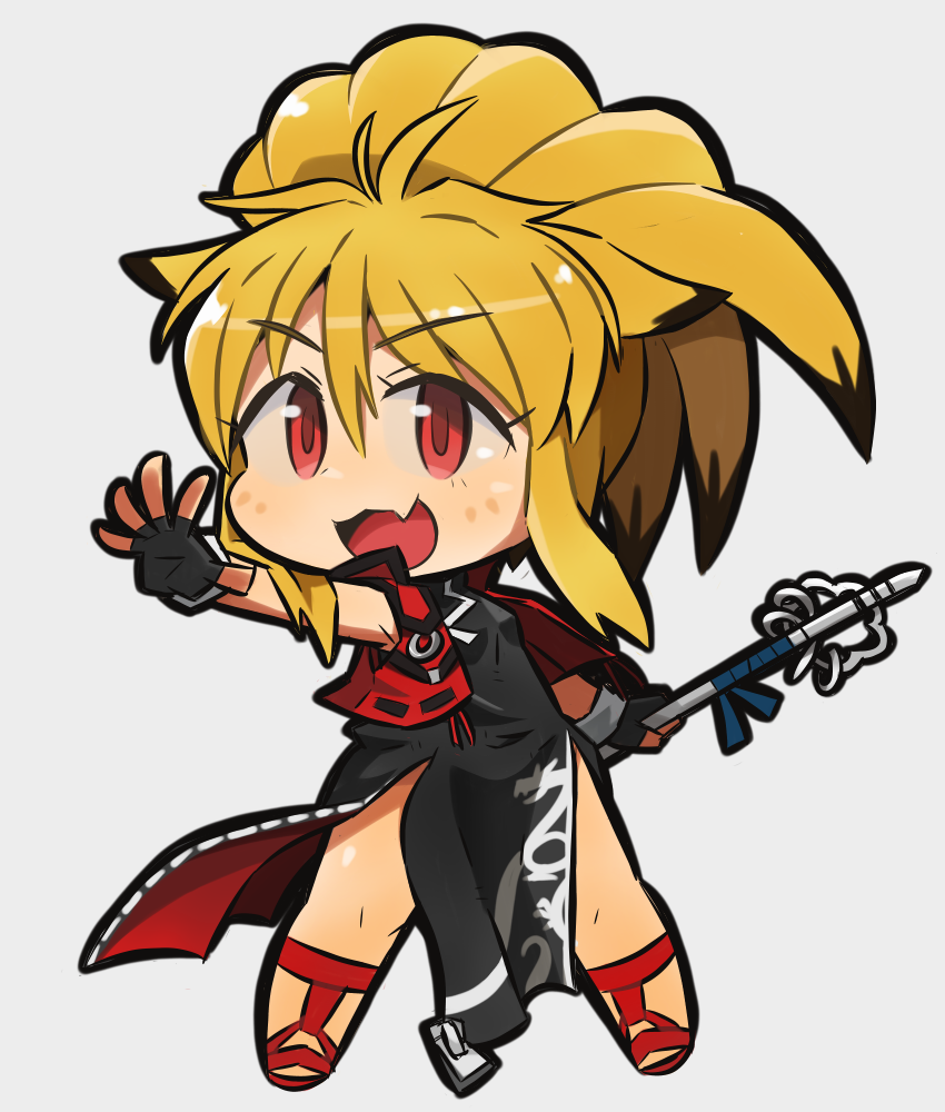 1girl, animal_ears, blonde_hair, chibi, china_dress, chinese_clothes, dress, fang