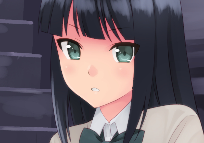 1girl, :o, akemiho_tabi_nikki, black_hair, close-up, face, green_eyes, kouno_hikaru, long_hair, looking_at_viewer, momochi_yurika, solo
